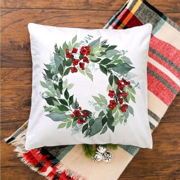 Holly Wreath Pillow Cover - Picture 1 of 4